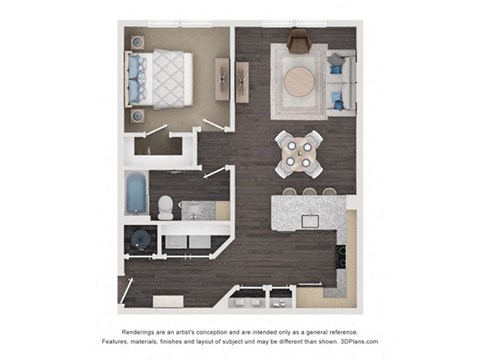 Floor plan for 1 bed, 1 bath, 754 sqft